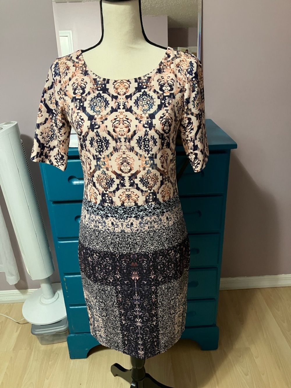 ANTONIO MELANI Peach and Navy Patterned Midi Sheath Dress